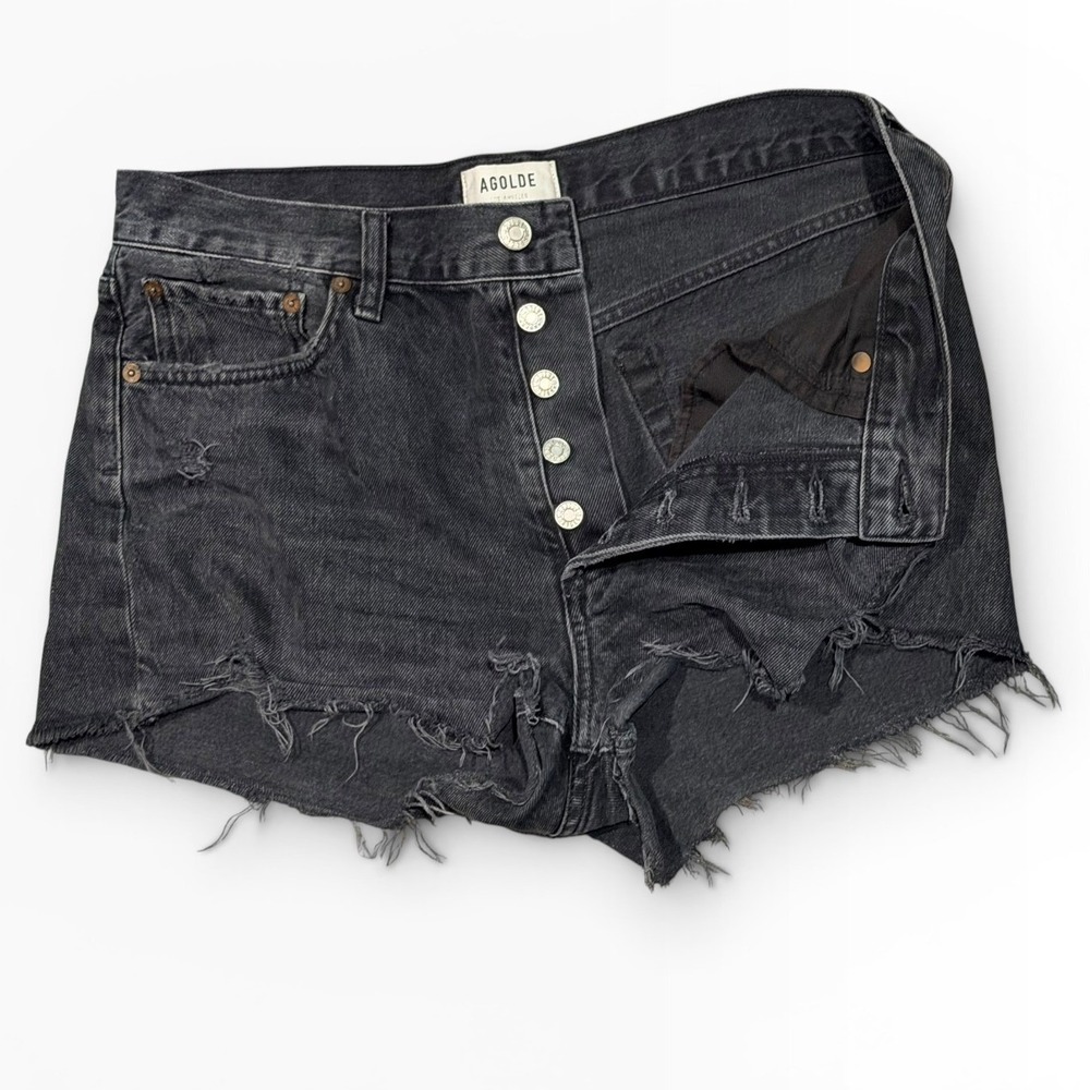 AGOLDE Parker High Rise Distressed Denim Shorts Faded Black Raw Hem Mini Size 28